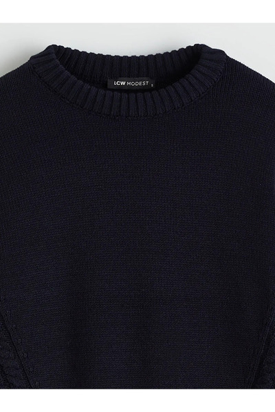 LC Waikiki Navy Blue Crew Neck Self Patterned Women's Knitwear Tunic