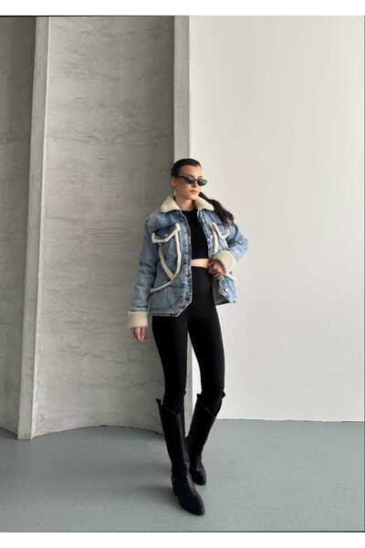 Azra Moda Style Denim Jeans Pocket Detailed Buttoned Coat for Women