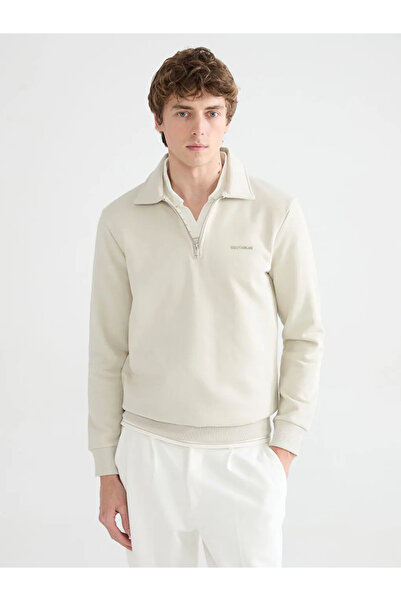 LC Waikiki Beige Polo Neck Printed Men's Thick Sweatshirt