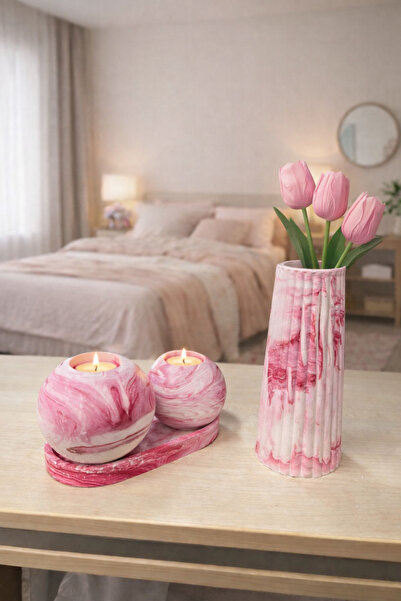 millonu Dekoratif Mermer Desen Vazo + 2 Adet Mumluk Seti | Modern Salon & Mas...