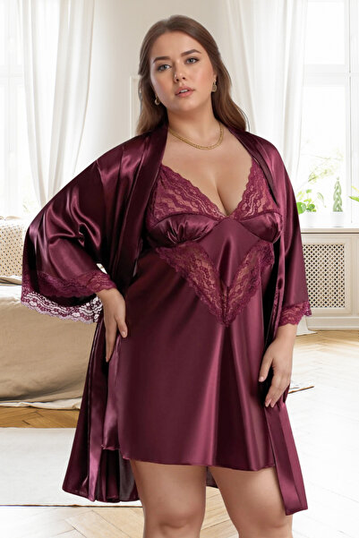 vory Set de cămașă de noapte și halat din satin, mărime mare - Set cu detalii...