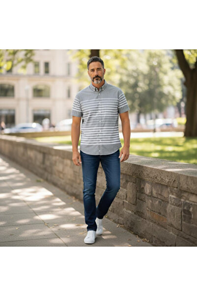 EREN STYLE Slim Fit Cotton Striped Panel Pattern Short Sleeve Shirt (Slim Fit...