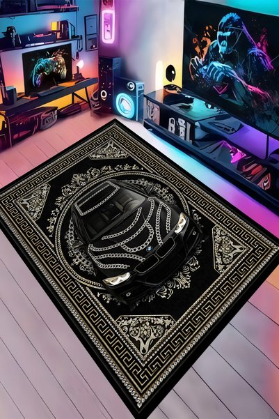 Kessy Home Studio Araba Desenli Siyah Gümüş Zincirli Halı Dijital Baskı Kayma...