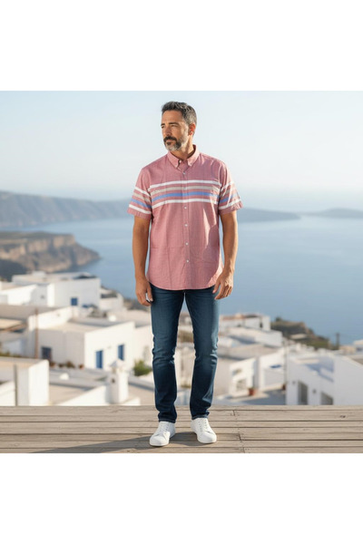 EREN STYLE Slim Fit Cotton Striped Panel Pattern Short Sleeve Shirt (Slim Fit...