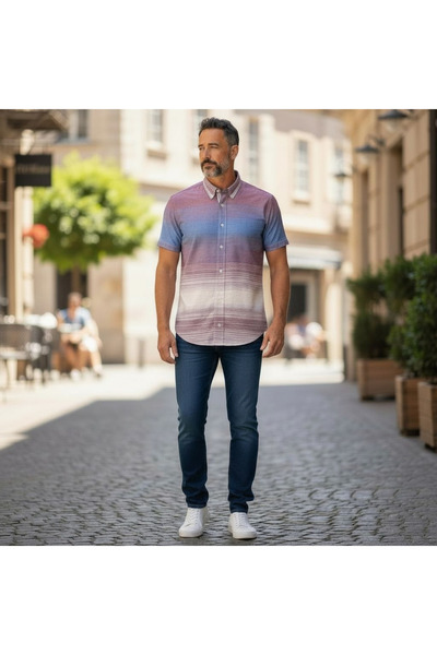 EREN STYLE Slim Fit Cotton Striped Panel Pattern Short Sleeve Shirt (Slim Fit...