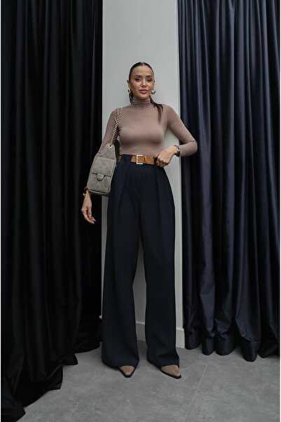 Havoş Navy Blue Bridge Detailed Belted Trousers