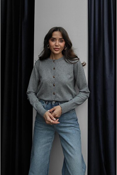 Havoş Gray Rickles Buttoned Basic Cardigan