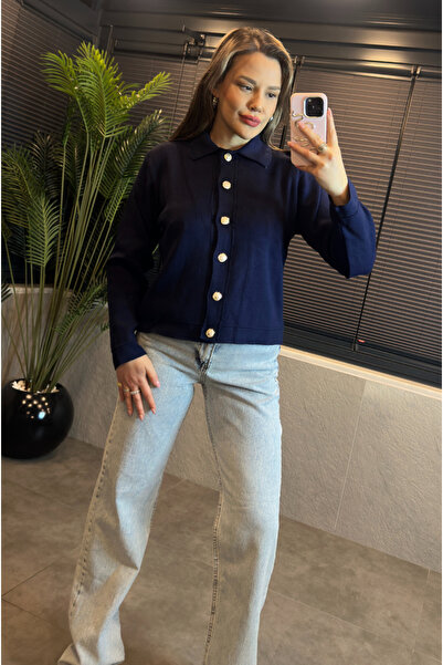 MİR STORE كارديجان تريكو باللون الأزرق الداكن مع تفاصيل ياقة مميزة