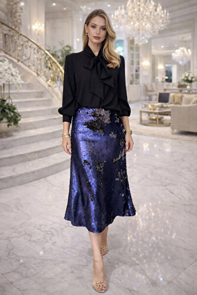 VENTİUP Fiyonk Yaka Uzun Kol İpek Krep Bluz – Siyah