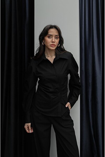 Havoş Μαύρο πουκάμισο με σταυρωτά κουμπιά και ντραπέ σχέδιο