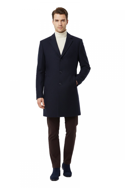 DeepSEA Navy Blue Regular Cut Long Men's Cashmere Coat – Classic Buttoned Win...