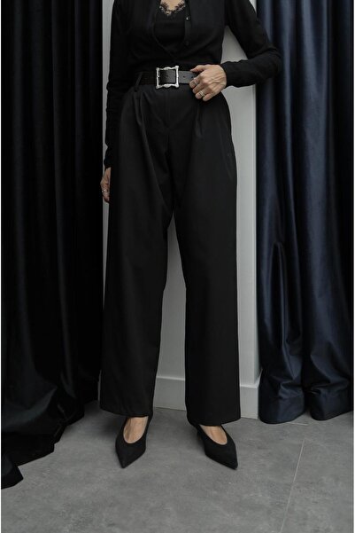 Havoş Black Large Gold Buckle Belted Trousers