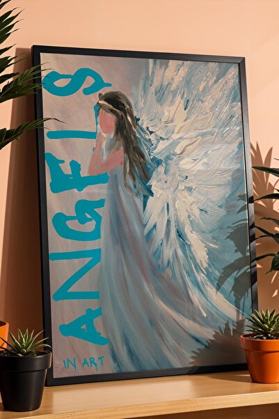 Saturn Angels in Art Framed Painting Turquoise Graffiti Written Abstract Ange...