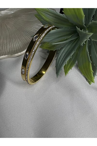 Çelik Gold Taşlı Kelepçe Bileklik-316L Çelik-Kararmaz-Alerji Yapmaz