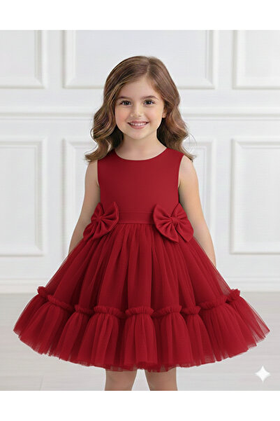 PRİNCESS Kız Çoçuk Kırmızı Fiyonk Detaylı Eteği Tül Elbise, Kız Çoçuk Abiye E...