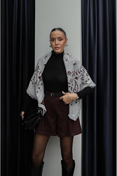 Havoş Eșarfă cu ciucuri și model burgundy