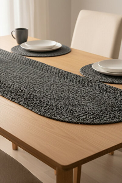 ESAHOME Mum İpi El Örgüsü Füme 3 Parça Runner/supla Seti - Yemek Masası ve Ko...