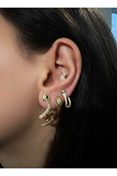 Gistoria Gold Yeşil Zirkon Taşlı Yılan 3'lü Küpe Seti