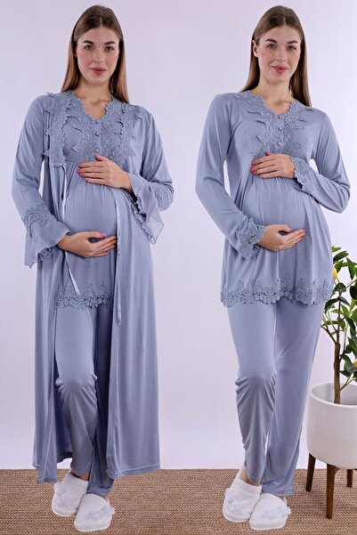 ByLohusa Set de pijamale de maternitate cu funcție de alăptare și halat - Alb...