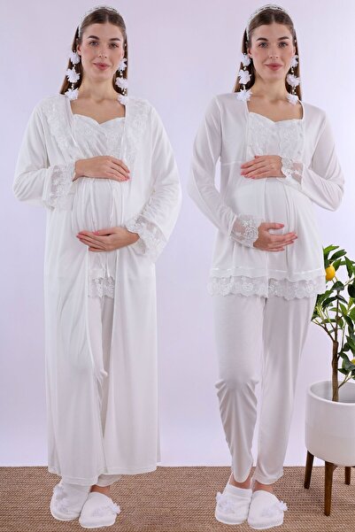 ByLohusa Effortt Ecru Long Dressing Gown Maternity Pajama Set