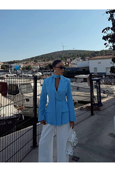 D'RECCY Jachetă blazer dublu petrecut pentru femei, cu accesorii tip șal