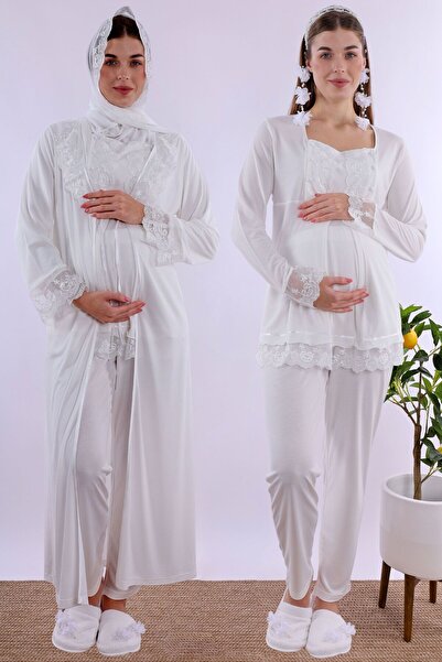 ByLohusa Effortt Ecru Long Robe Maternity Pajama Set with Hijab
