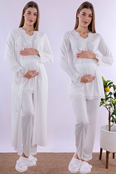 ByLohusa Set de pijamale de maternitate de maternitate cu halat ecru