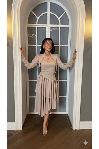 ALGOOD Beige two-piece midi dress with two layers and pleats at the bottom