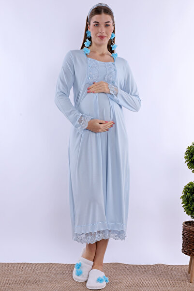 ByLohusa Cotton Maternity Nightgown with Breastfeeding Feature Effortt - Blue