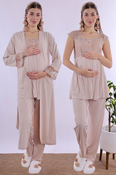 ByLohusa طقم بيجامة للحوامل مع خاصية الرضاعة الطبيعية وثوب طويل - بيج