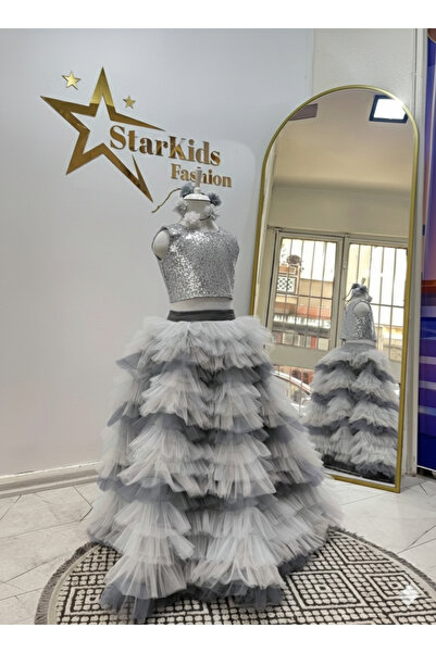 Star Kids Girl's Gray Sequined Tulle Layered Evening Dress, Children's Party ...