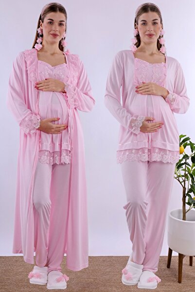 ByLohusa Set de pijamale de maternitate cu croială confortabilă și halat lung...