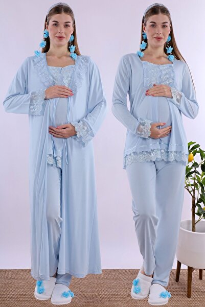 ByLohusa Set de pijamale de maternitate cu croială confortabilă și halat lung...