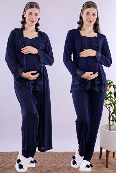 ByLohusa Set de pijamale de maternitate cu croială lejeră și halat lung Effor...