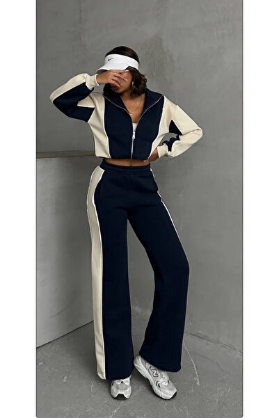 BE CHİC Women's 3-Yarn Sweat Suit with Striped Details, Pockets, Zipper, Trim...