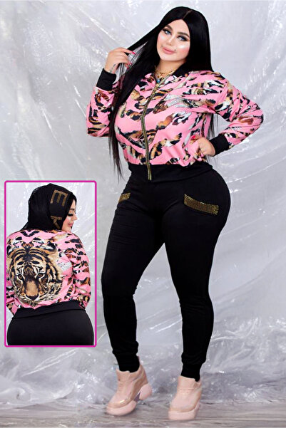 AsrymShop Winter cotton lycra tracksuit, tiger print, pink zipper