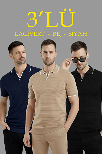 LUMİART Men's 3-Pack Knitwear Collared Buttonless Open Collar Ribbed Short Sl...