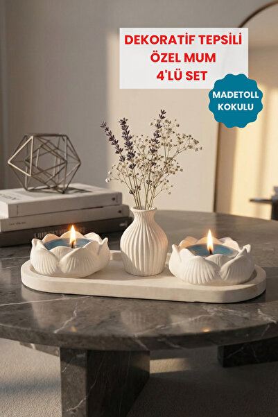 Madetoll Dekoratif 4'lü Tepsili Mumluk Seti + 2 Adet Kokulu Mum/ Taş Tozu- Ev...