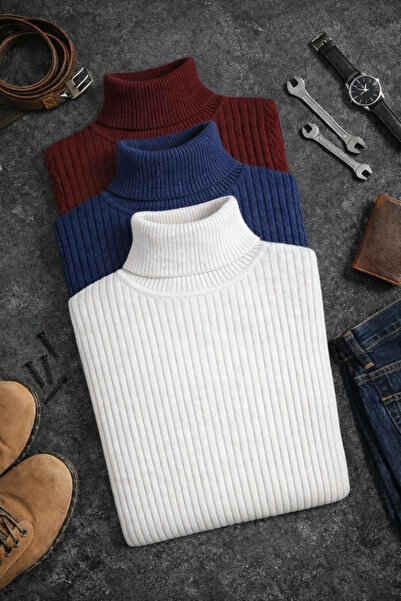 SR Tekstil  Beyaz Bordo indigo Erkek 3'lü Paket Boğazlı Triko Kazak