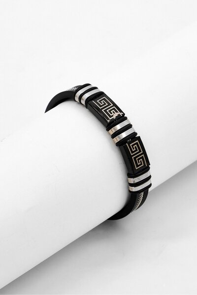 Steeltime Men Leather And Stainless Steel Mesh Inlay Bracelet With Greek Key ...