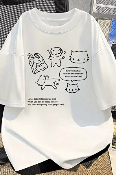 İlayda Toprak Tricou oversize cu mânecă scurtă, alb, imprimat cu desene din c...