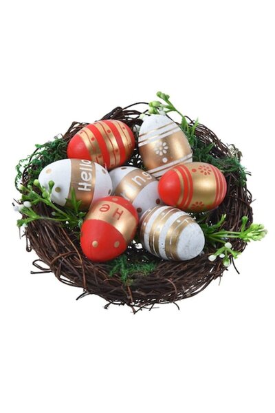 OEM Decorative Easter Basket with Red and White Eggs ø16x5cm