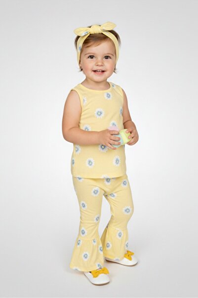 Baby Starters طقم بناتي مكون من 3 قطع، بلوزة وبنطال مطبوع عليهما زهور مع ربطة...