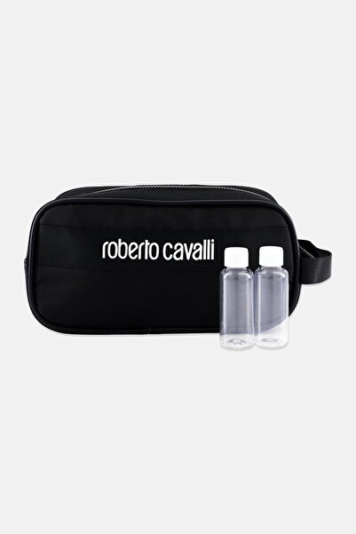 Roberto Cavalli Men Brand Logo Wash Bag With Bottle, Black