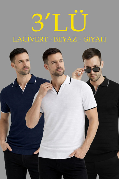 LUMİART Men's 3-Pack Knitwear Collared Buttonless Open Collar Ribbed Short Sl...