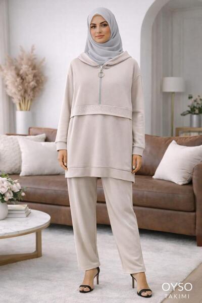 Avakado Hooded and Stone Detailed Top and Bottom Tracksuit Set