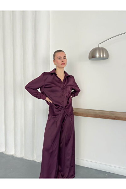 Caddebostan Moda Πουκάμισο από σατέν μούρνταμ - Σετ παντελονιού Φαρδιά μπατζά...