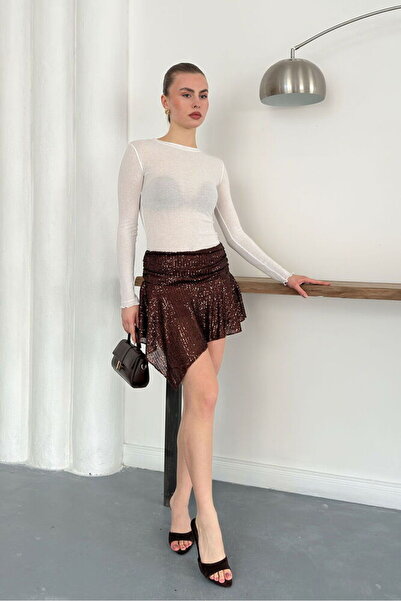 Caddebostan Moda Brown Sequined Asymmetrical Skirt Modern Premium Luxury Tren...