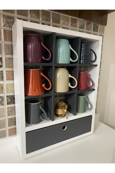 ediz ahşap 9 gözlü minimal çekmeceli dekoratif bohem mutfak kahve köşesi düze...