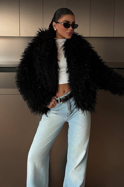 Eyyo Black Mayfair Oversize Plush Fur Jacket Ate-4321